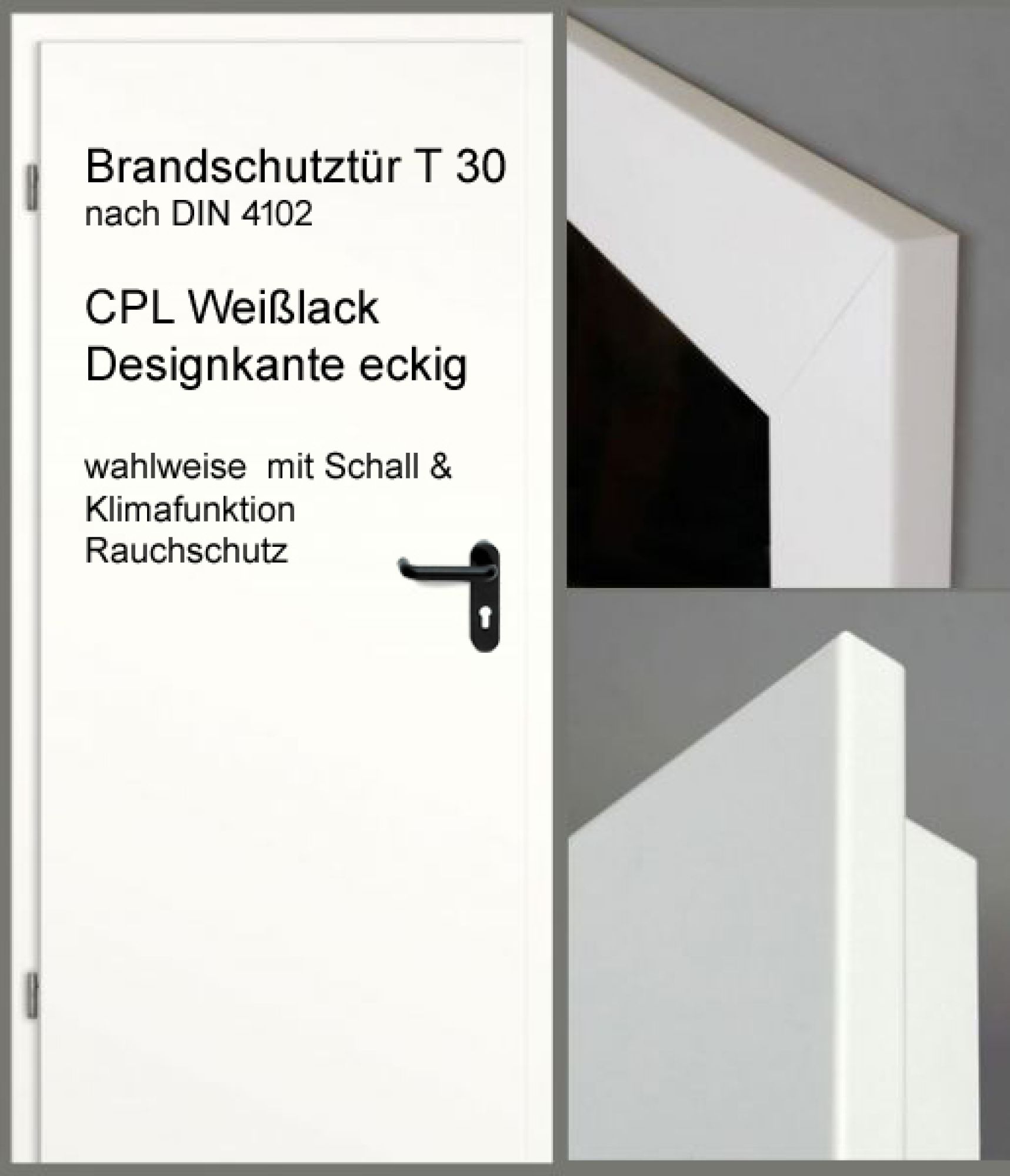 Brandschutztür T30 inkl. Holzumfassungszarge CPL Weißlack 9010 Designkante